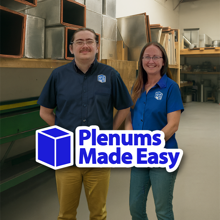 Two people standing in a workshop with 'Plenums Made Easy' branding.
